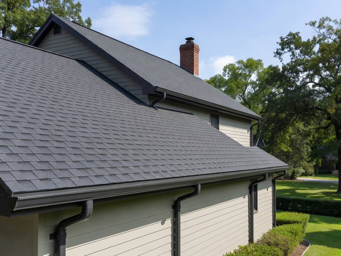 Two-story house with gray shingled roof, white siding, brick chimney, and attached garage surrounded by green lawn and trees